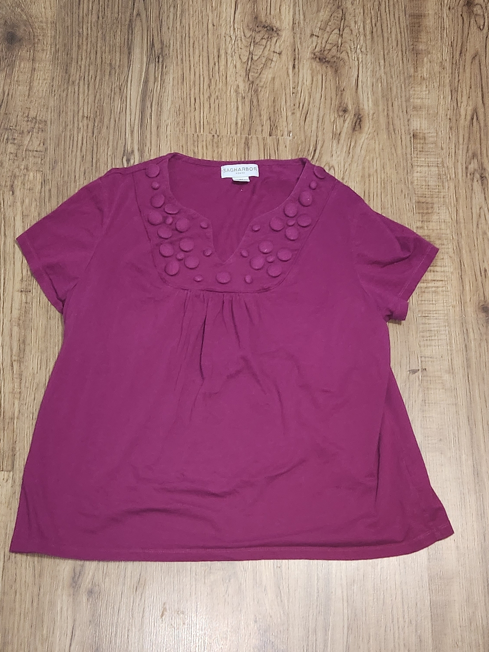 Sag Harbor Magenta Short Sleeve Top with Pom Trim
